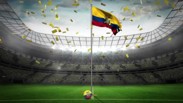 Золотые Конфетти Падают Над Размахивая Флагом Эквадора Против Спортивного Стадиона — стоковое видео