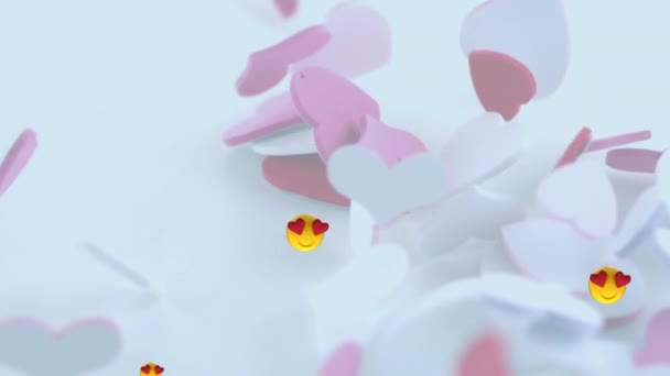 複数のハートの目が白を背景に複数のハートに浮かび上がる絵文字 バレンタインデーのお祝いと愛のコンセプト — ストック動画