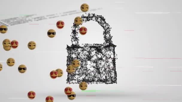 セキュリティ南京錠のアイコンとデータ処理に対する複数の顔絵文字のデジタルアニメーション 表現とコミュニケーションの概念 — ストック動画