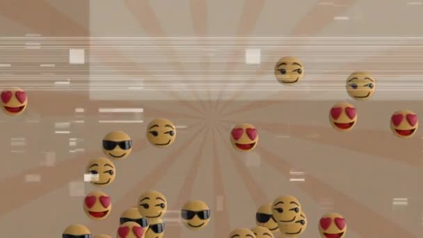 Animación Digital Efecto Estático Televisión Sobre Múltiples Emojis Faciales Flotando — Vídeos de Stock