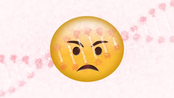 Ψηφιακό Animation Του Dna Δομή Γυρίζοντας Πάνω Από Θυμωμένος Emoji — Αρχείο Βίντεο