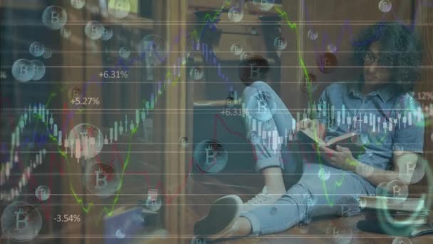 Statistical Data Processing Bitcoin Icons Male Student Studying Library College — Stock Video