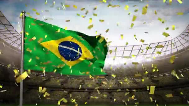 Confiti Oro Cayendo Sobre Bandera Brasil Ondeando Contra Estadio Deportivo — Vídeos de Stock