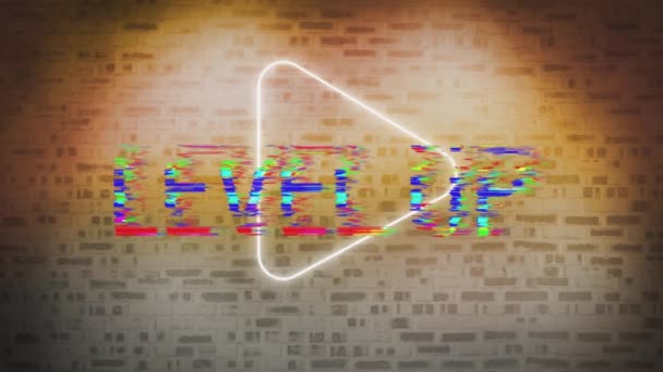 Cyfrowa Animacja Tekstu Górę Nad Neonową Ikoną Gry Ścianę Cegły — Wideo stockowe