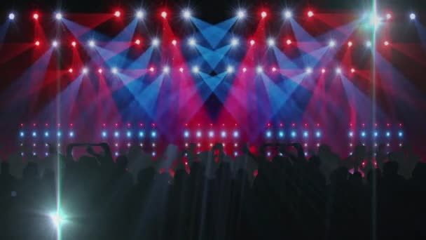 Цифровая анимация красочных сияющих огней над силуэтом танцующих людей. ночная жизнь и концертная концепция