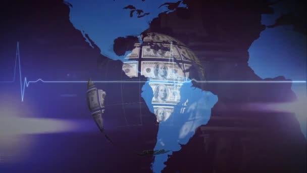 心率监测器和全球美元钞票在紫色背景下旋转世界地图 全球经济和技术概念 — 图库视频影像