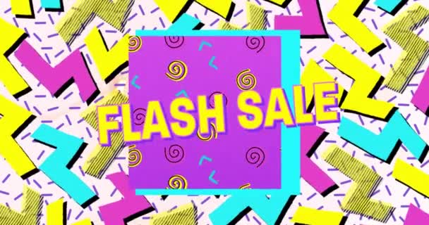 Flash Продажа Текста Фиолетовом Баннере Абстрактных Красочных Фигурах Белом Фоне — стоковое видео