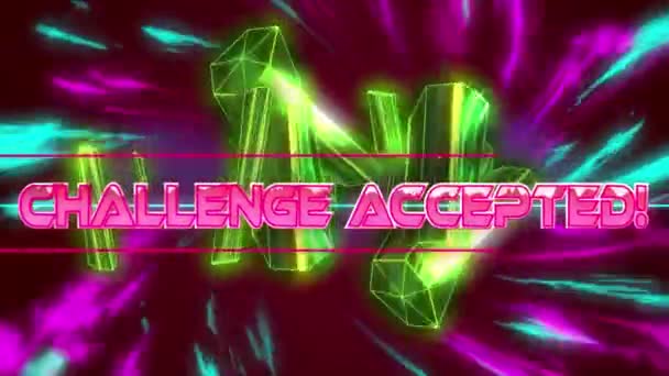 Herausforderung Akzeptierten Text Über Neon Banner Gegen Digitale Wellen Und — Stockvideo