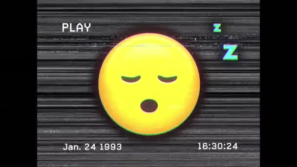 Digitale Animation Des Vhs Glitch Effekts Über Schlafendes Gesicht Emoji — Stockvideo