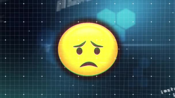 Digital Animation Glitch Effect Sad Face Emoji Data Processing Blue — Stock Video