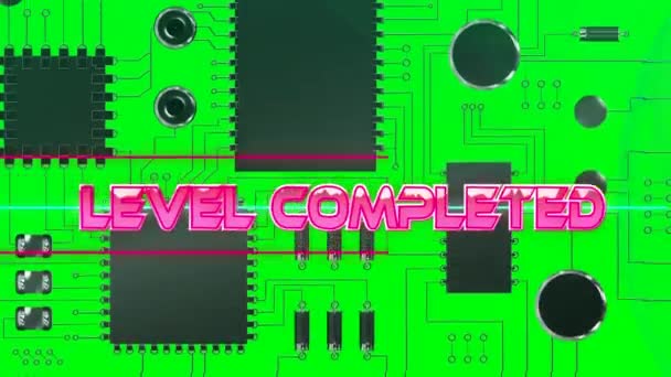 Level Voltooide Tekst Neon Banner Close Van Microprocessor Verbindingen Groene — Stockvideo