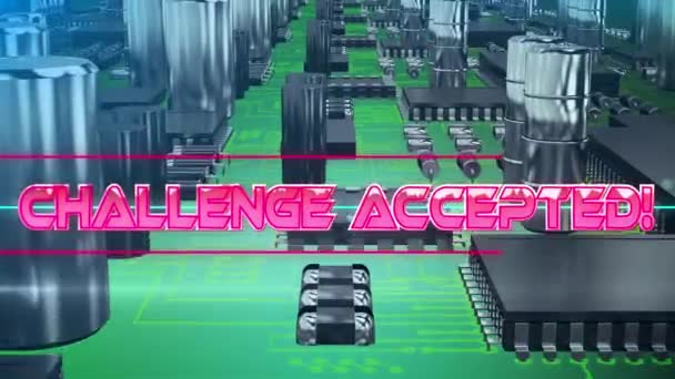 Animacja Różowego Metalicznego Tekstu Wyzwanie Przyjęte Neonach Płycie Głównej Komputera — Wideo stockowe