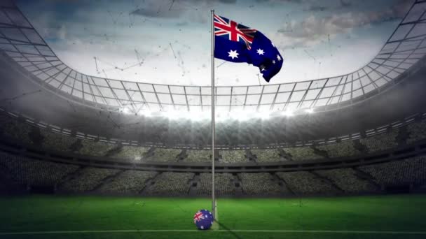 Netwerken Van Verbindingen Zwevend Golvende Australische Vlag Tegen Sportstadion Achtergrond — Stockvideo