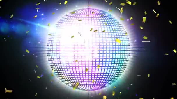 Golden Confetti Falling Spinning Disco Ball Blue Spots Light Black — Stock Video