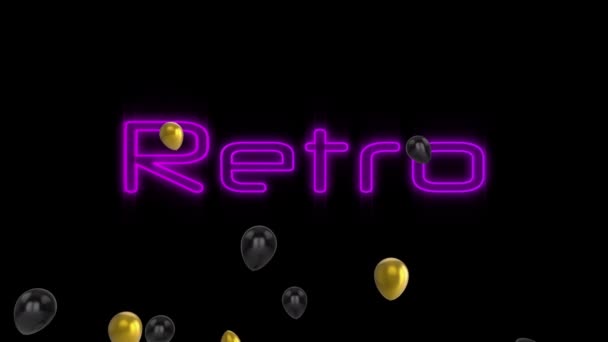 Złote Czarne Balony Unoszące Się Nad Neonowym Fioletowym Napisem Retro — Wideo stockowe