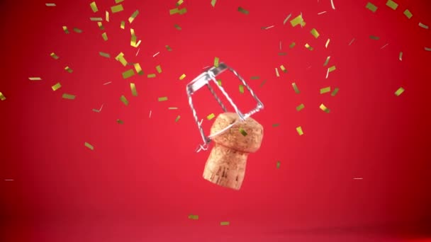 Vor Rotem Hintergrund Fällt Goldenes Konfetti Über Den Weinkorken Silvesterparty — Stockvideo