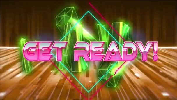 Get Ready Text Neon Banner Golden Crystals Light Trails Orange — Stock Video