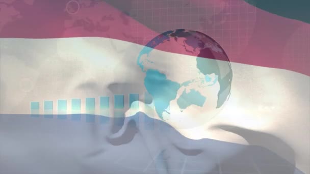 Sventolando Bandiera Dei Paesi Bassi Contro Globo Rotante Elaborazione Statistica — Video Stock