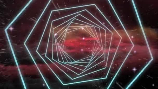 宇宙の輝く星に対してシームレスな動きで回転する六角形のデジタルアニメーション テクスチャとデザインの技術的背景 — ストック動画