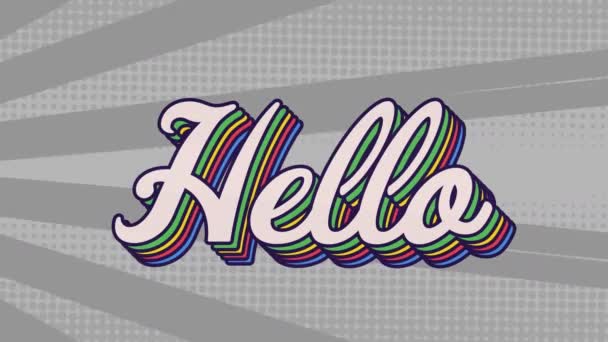 Digital Animation Hello Text Rainbow Shadow Effect Grey Radial Background — Stock Video