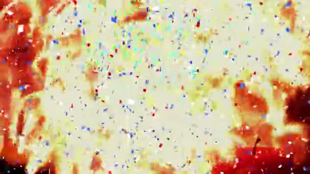 Animation Numérique Confettis Colorés Tombant Sur Flamme Feu Sur Fond — Video