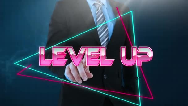 Animation Pink Metallic Text Level Neon Lines Businessman Using Interface — Stock Video