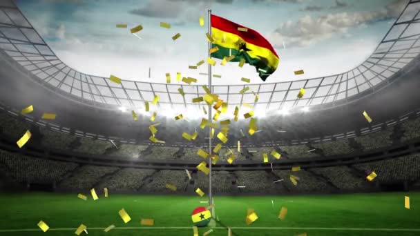 Confiti Dorado Cayendo Sobre Bandera Ghana Ondeando Contra Estadio Deportivo — Vídeo de stock