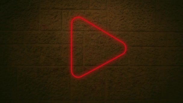 Digital Animation Hello Text Neon Red Play Icon Brick Wall — Stock Video