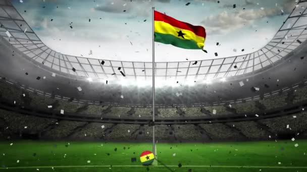 Confetti Valt Zwaaiende Ghana Vlag Tegen Sportstadion Achtergrond Sportwedstrijd Toernooi — Stockvideo