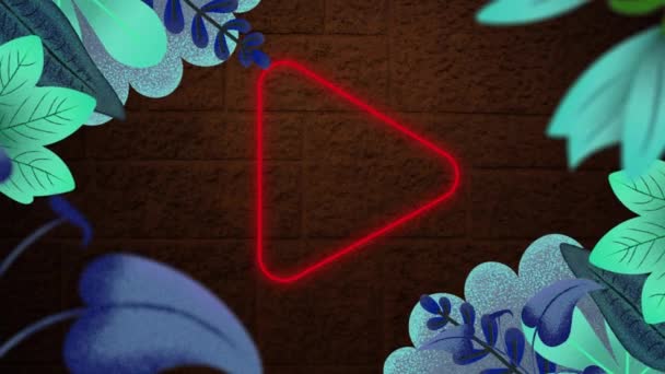 Animação Digital Desenhos Florais Sobre Neon Vermelho Jogar Ícone Banner — Vídeo de Stock