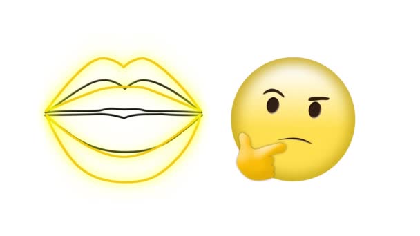 Digital Animation Neon Yellow Lips Thinking Face Emoji White Background — Stock Video