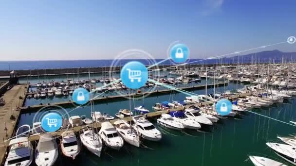 Dijital Simgelerin Oluşturduğu Arka Plandaki Limanın Havadan Görüntüsüne Karşı Lojistik — Stok video