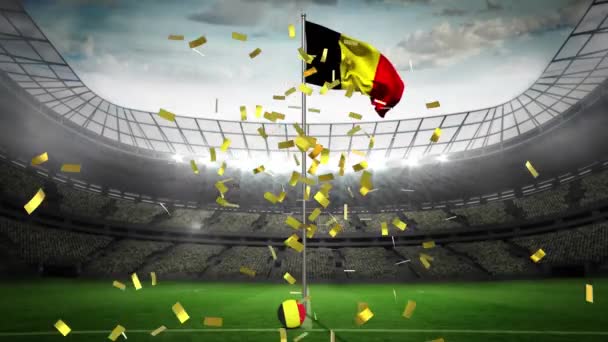 Hintergrund Fällt Goldenes Konfetti Über Die Schwenkende Belgische Flagge Gegen — Stockvideo