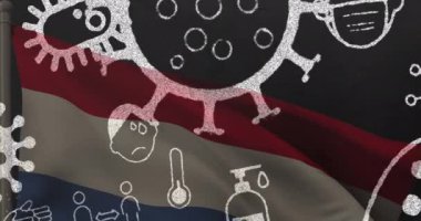 Hollanda bayrağı üzerinde covid 19 virüs hücresi ve dijital ikonların animasyonu. küresel covid 19 salgın konsepti dijital olarak oluşturulmuş video.