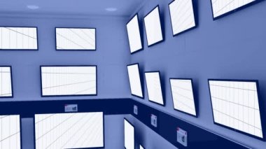 Satır sıra televizyon setlerinin animasyonu ve fotokopi alanı ile parlayan ekranlar. teknoloji ve iletişim konsepti dijital olarak oluşturulmuş video.