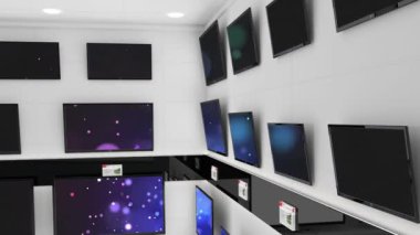 Satır sıra televizyon setlerinin animasyonu ve fotokopi alanı ile parlayan ekranlar. teknoloji ve iletişim konsepti dijital olarak oluşturulmuş video.