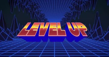 Siyah arkaplan üzerinde mavi çizgiler üzerinde seviye yükseltilmiş metin animasyonu. Video oyunu, dijital arayüz, iletişim ve eğlence konsepti dijital olarak oluşturuldu.
