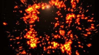 Siyah zemin üzerinde hareket eden turuncu ve kırmızı parçacıkların ve üçgen alevli ışık izlerinin animasyonu. hareket, enerji ve bağlantı arka plan kavramı dijital olarak oluşturulmuş video.