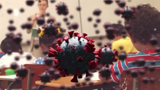 学習上のコロナウイルス細胞のアニメーション コロナウイルスの学校教育研究では19のパンデミックの概念がデジタルで生成され — ストック動画