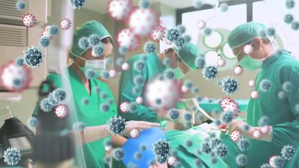 Анимация Ковидовых Вирусных Клеток Над Хирургами Операционной Глобальный Шабаш Пандемия — стоковое видео