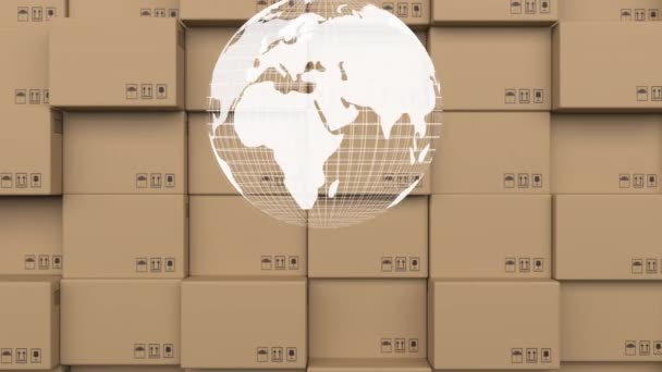 Animation Globe Spinning Cardboard Boxes Background Global Shipping Connections Concept — Stock Video