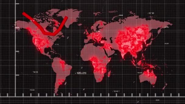 在数据处理世界地图上的动画和黑色背景上的Covid 19文本 全球联盟19大流行病概念数码视频 — 图库视频影像