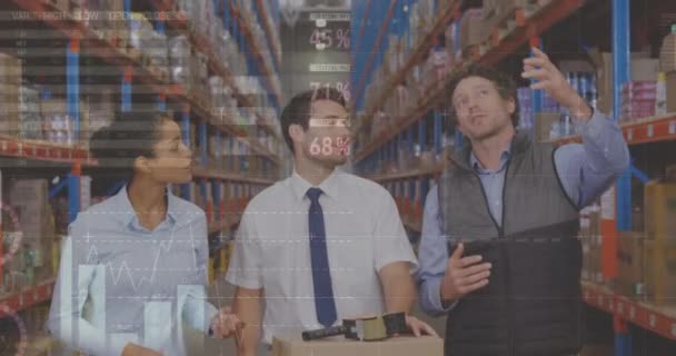 Animatie Van Gegevensverwerking Mensen Die Het Magazijn Werken Global Shipping — Stockvideo