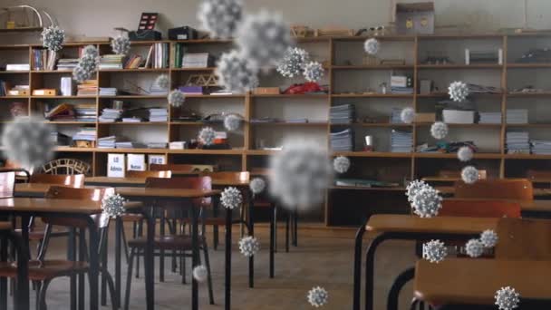 空の教室でのコロナウイルス細胞のアニメーション コロナウイルスの学校教育研究では19のパンデミックの概念がデジタルで生成され — ストック動画