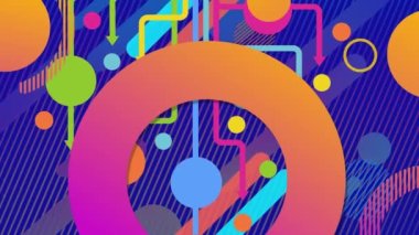 Mor çizgiler üzerinde hareket eden renkli şekilli turuncu ve pembe yüzüklerin animasyonu. 