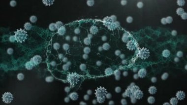 Siyah zemin üzerinde dijital beyin modeli üzerinde covid 19 virüs hücresinin animasyonu. küresel covid 19 salgın konsepti dijital olarak oluşturulmuş video.