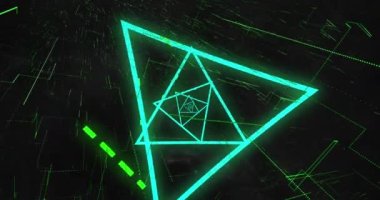 Mavi neon üçgen spiral ve yeşil noktaların animasyonu siyah arkaplan üzerinde hareket ediyor. hareket, enerji ve bağlantı arka plan kavramı dijital olarak oluşturulmuş video.