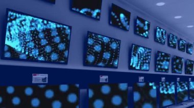 Satır sıra televizyon setlerinin animasyonu ve fotokopi alanı ile parlayan ekranlar. teknoloji ve iletişim konsepti dijital olarak oluşturulmuş video.