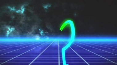 Mavi ızgara üzerinde hareket eden mavi ve yeşil ışık yolları ve siyah arkaplanda bulutların animasyonu. hareket, enerji ve bağlantı arka plan kavramı dijital olarak oluşturulmuş video.