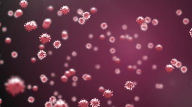 Kırmızı zemin üzerinde covid 19 virüs hücresi animasyonu. küresel covid 19 salgın konsepti dijital olarak oluşturulmuş video.